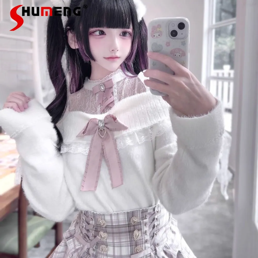 

Japanese Mines Style Subculture Lace Stand Collar Off-Shoulder Long Sleeve Sweet Cute Versatile Knitted Pullovers for Women Tops