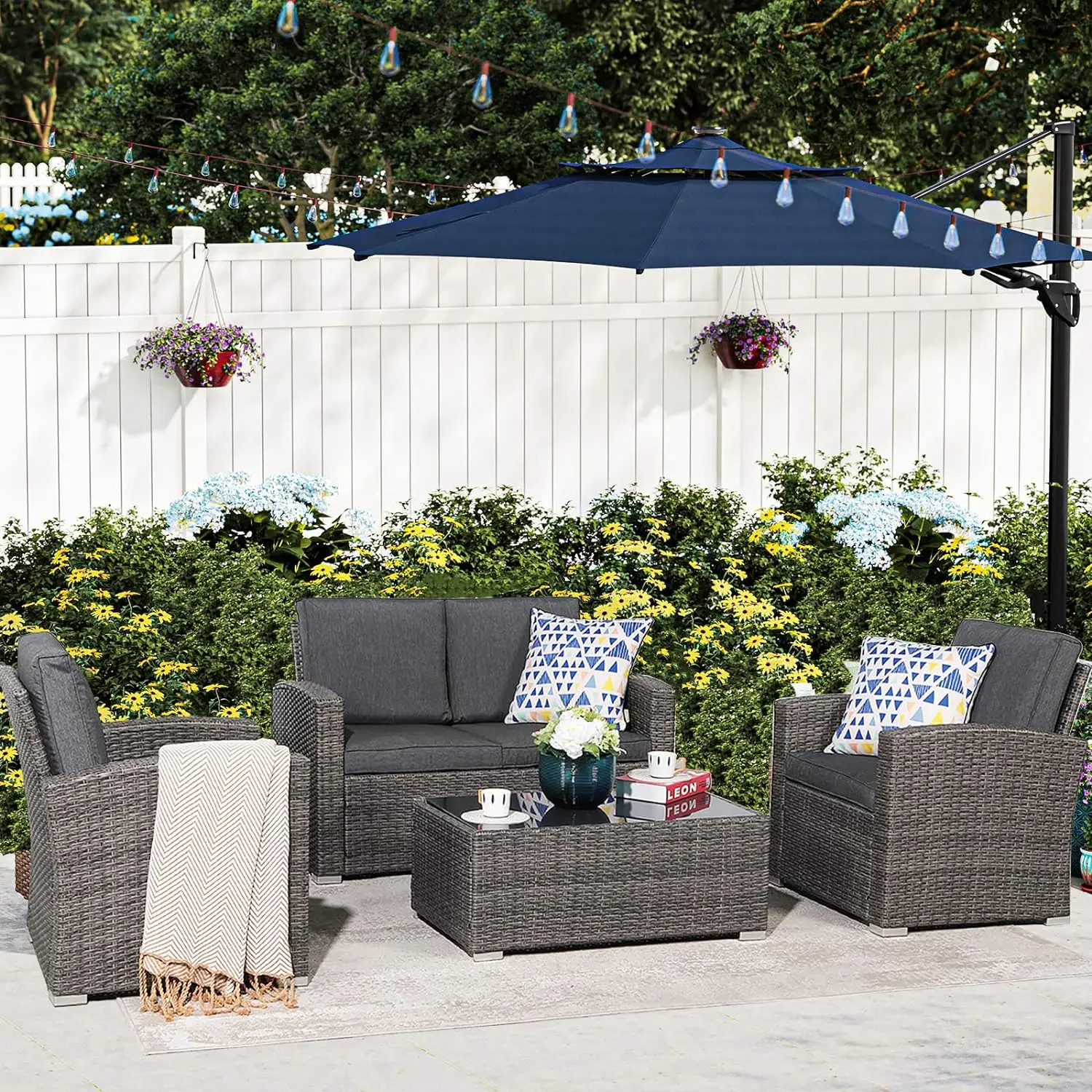 All-Weather Outdoor U-Shaped Patio Conversation Set 4 Piece PE Rattan Wicker Small Sectional Patio Sofa Set with Tempered Glass