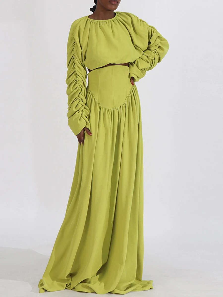 VGH Casual Folds Skirts Suits for Women Round Neck Lantern Sleeve Short Tops High Waist Spliced Lace Up Skirt Loose Suit Female