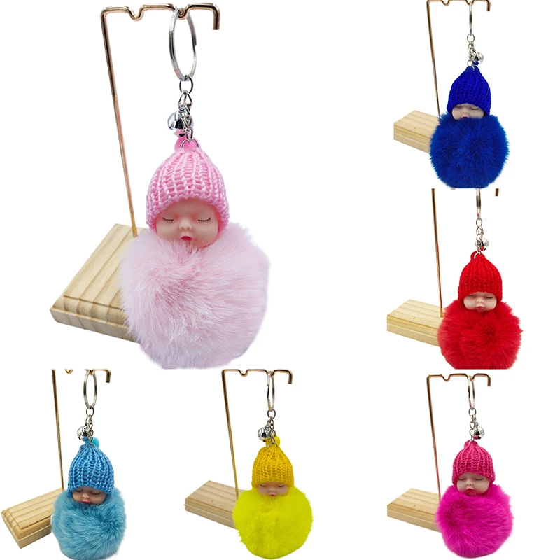 Multi-colored Knitted Hat Wear Fluffy Sleeping Baby Keychains Plush Doll Keyring Bag Accessories Hanging Holder Fashion Decor