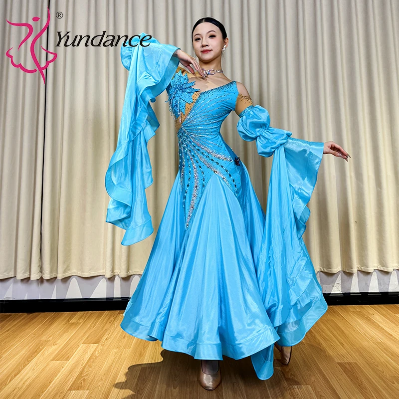 B-25159 vestido de baile de salón para mujer, traje moderno lírico de vals de competición para adultos, gasa satinada con diamantes de imitación azules, LICRA a la venta