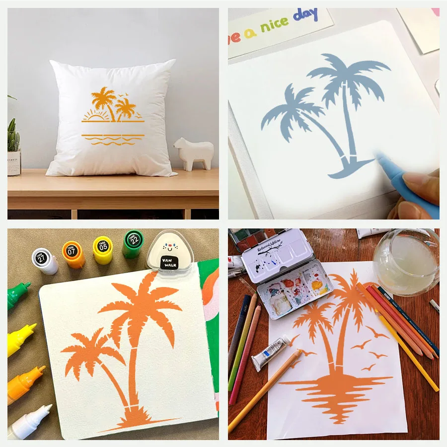 مجموعة استنسل شجرة النخيل - قالب رسم شاطئ استوائي قابل لإعادة الاستخدام للحيوانات الأليفة (6 قطع)