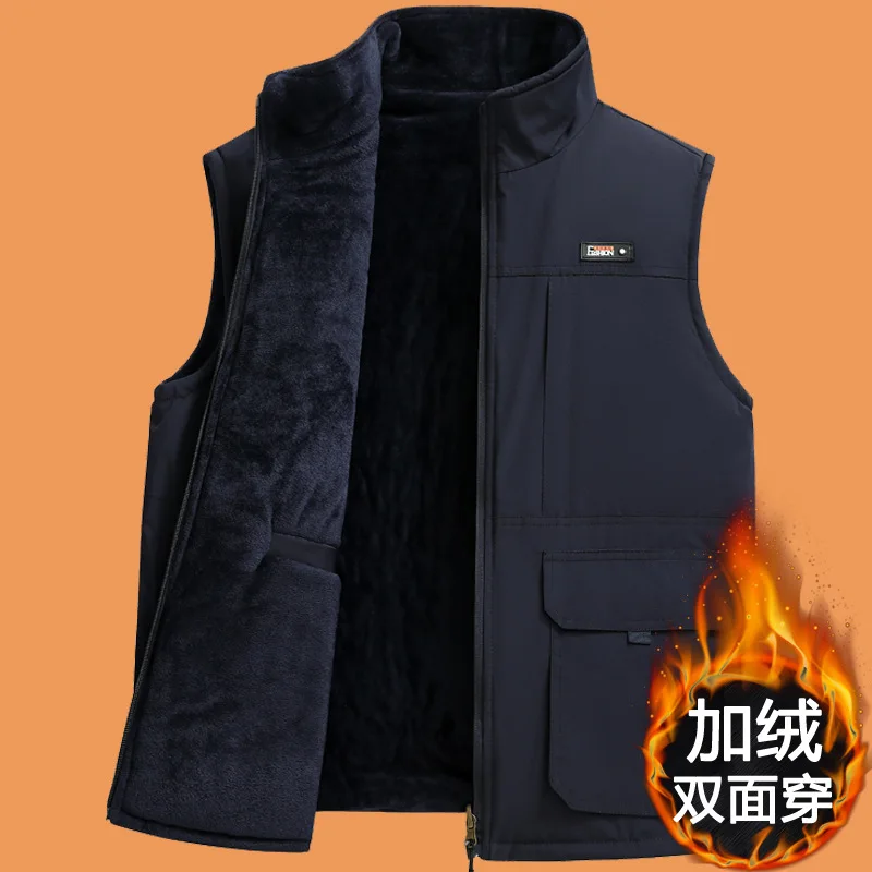Men Stand Collar Vest Winter Warm Fleece Lined Reversible Loose Sleeveless Jacket Multi Pockets Sports Fishing Waistcoat VT-356