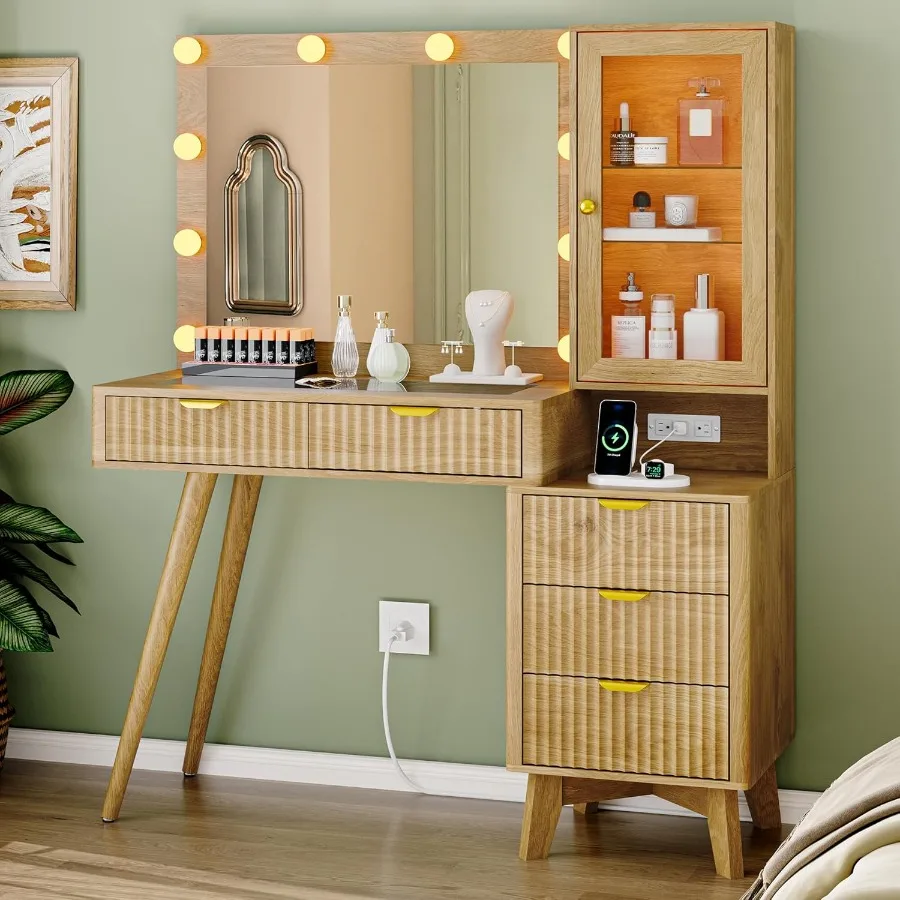 Fluted Vanity Desk with Mirror and Lights 45 Glass Top Makeup Table Set with 5 Drawers Power Outlet Storage Cabinet Large Dress