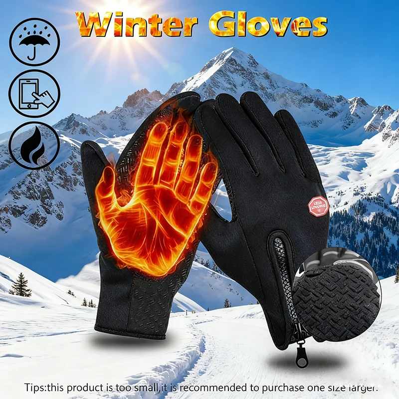 Winter Skiing Thick Warm Gloves for Unisex Outdoor Travel Zipper Adjustable Warm Gloves Waterproof Touch Screen Anti Slip Gloves