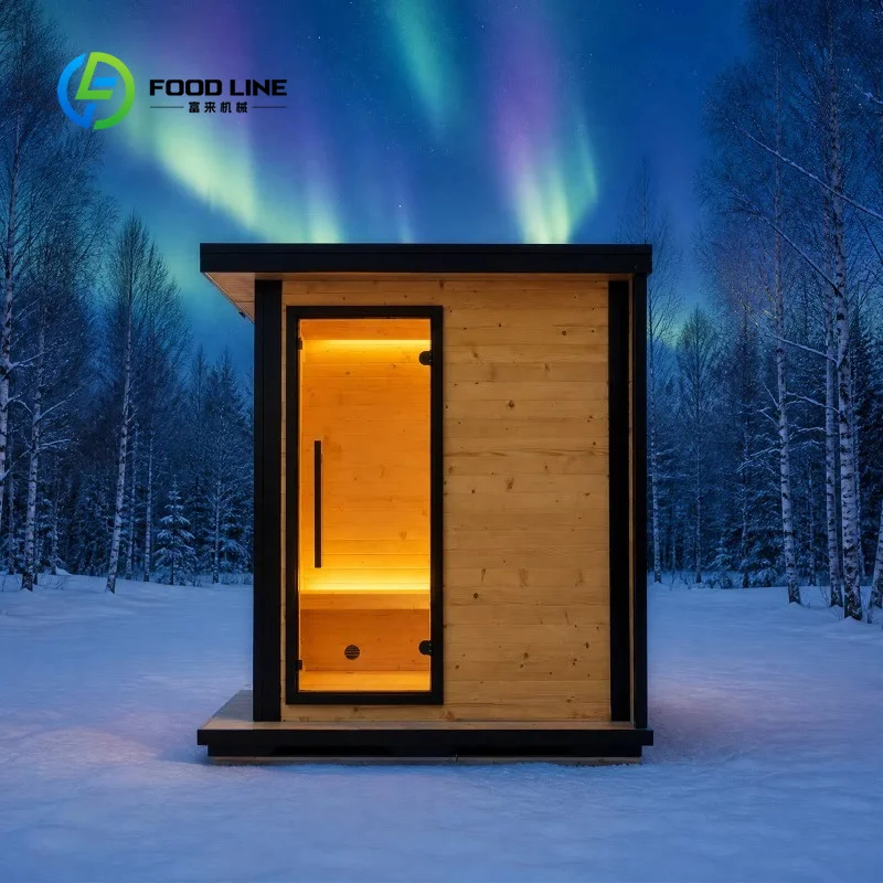 Custom Winter Lodge Outdoor Sauna, Rectangular Pine Structure with Panoramic Glass, Flat Roof & Smart Control, DDP Ready