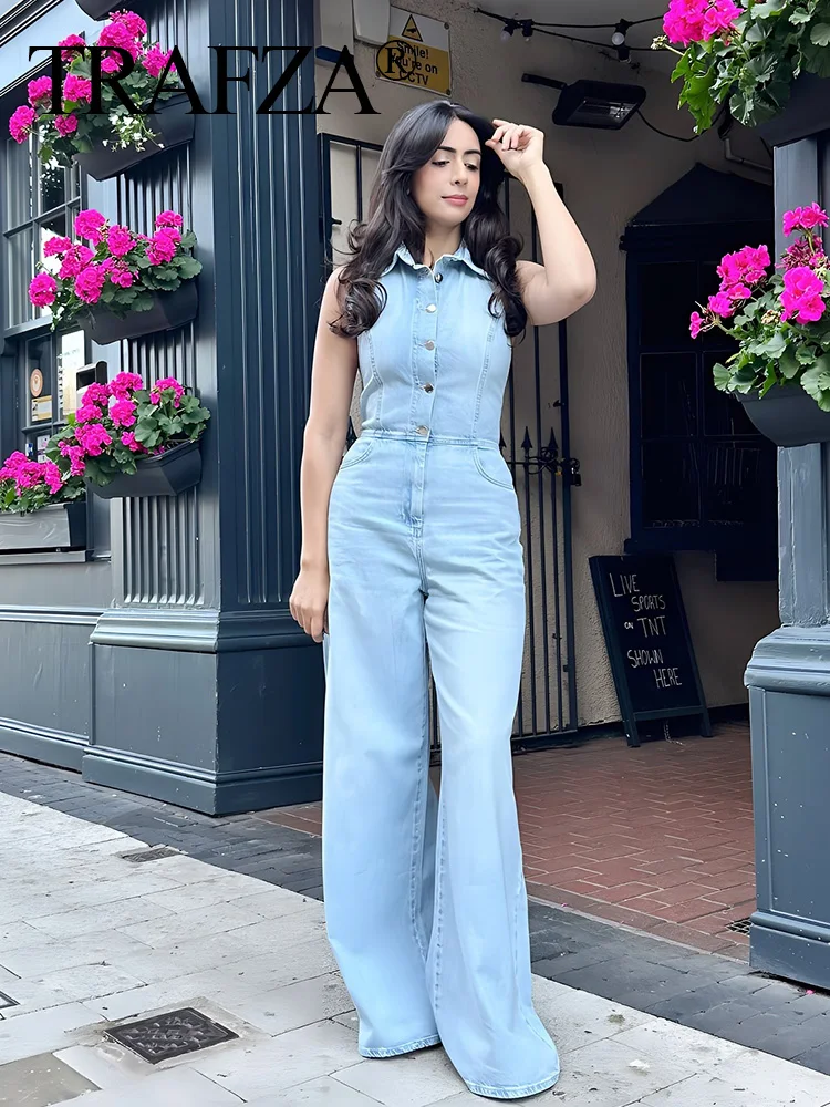 TRAFZA 2024 Female High Street Jumpsuits Denim Blue Sleeveless Backless Pockets Single Breasted Summer Jumpsuit Women Trendy