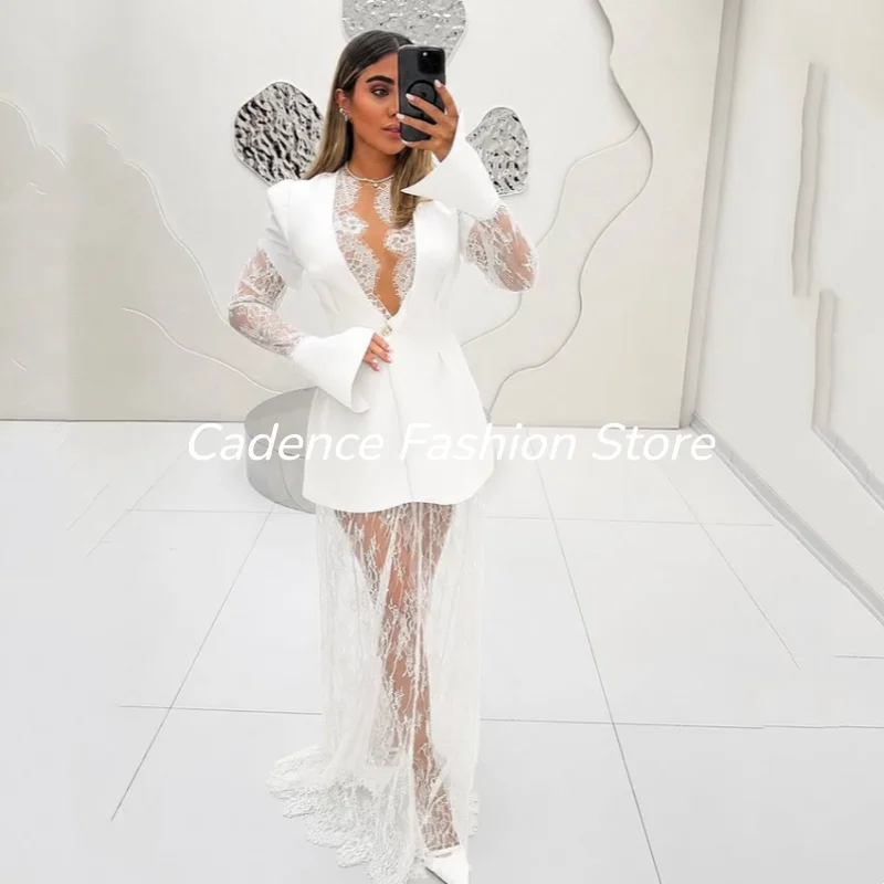 Lace Formal Evening Dress V-Neck Arabic Sheer Long-Sleeved Patchwork فساتين Long Dubai Women’s Dress Prom Dress Customized