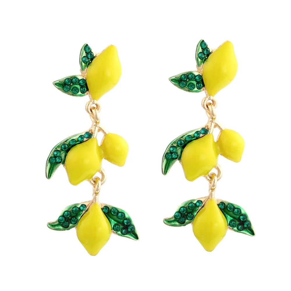 New fresh with alloy oil drop diamond lemon earrings with exaggerated holiday style enamel fruit earrings