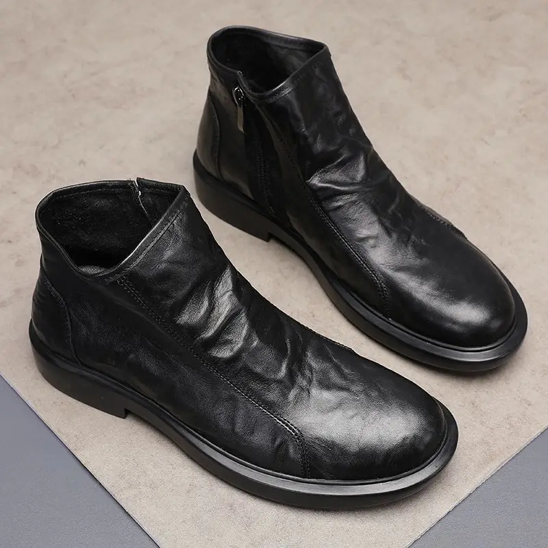 British Style Black Leather Top-Grain Cowhide Men's High-Top Boots Hand-Textured Breathable Casual Single-Layer Fashion Shoes