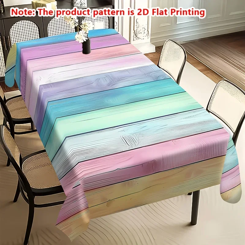 A classic rainbow-colored wood-grain tablecloth, printed in 2D flat design.