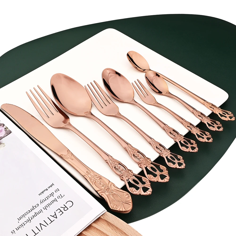 Rose Gold Flatware Set Stainless Steel Dinnerware 6/24Pcs Dinner Knife Fork Spoons Cutlery Kitchen Dinner Complete Tableware Set