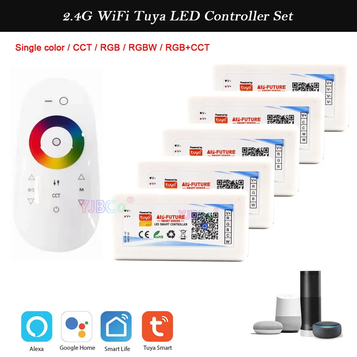 

5V 12V 24V 2.4G Wifi Tuya Smart LED Controller Set Single color/CCT/RGB/RGBW/RGB+CCT LED Strip Dimmer Google Home Voice Control