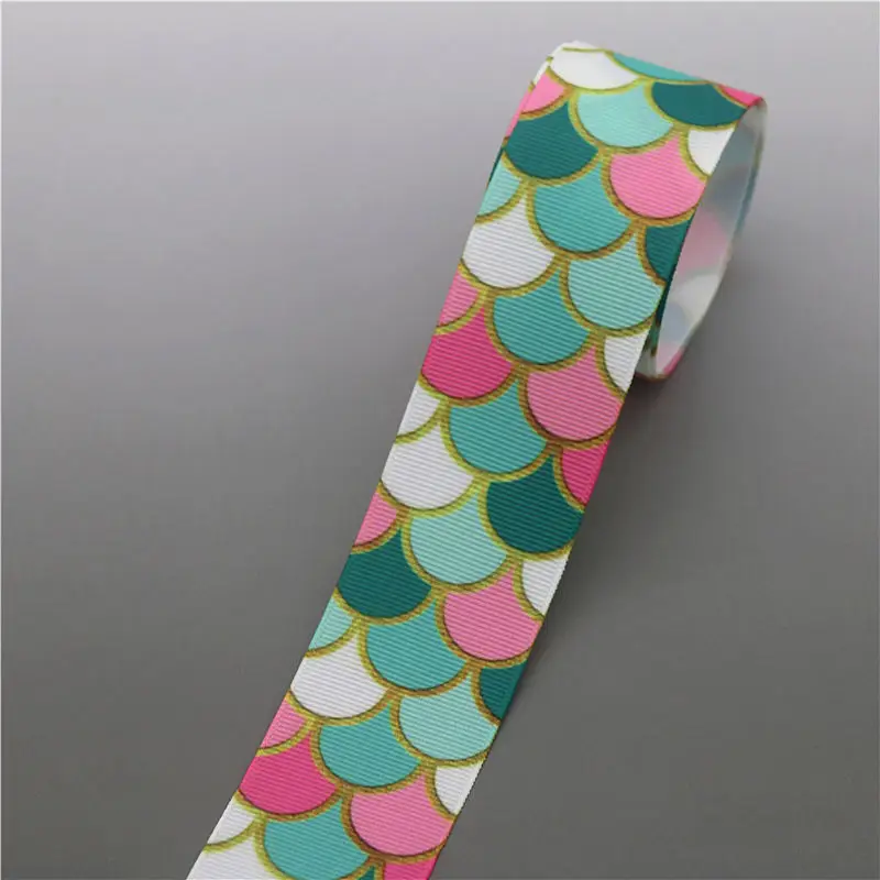 DHK 1.5\'\' 5yards Mermaid Fish Scale Printed Grosgrain Ribbon Accessory Hairbow Headwear Decoration DIY Wholesale 38mm C1581