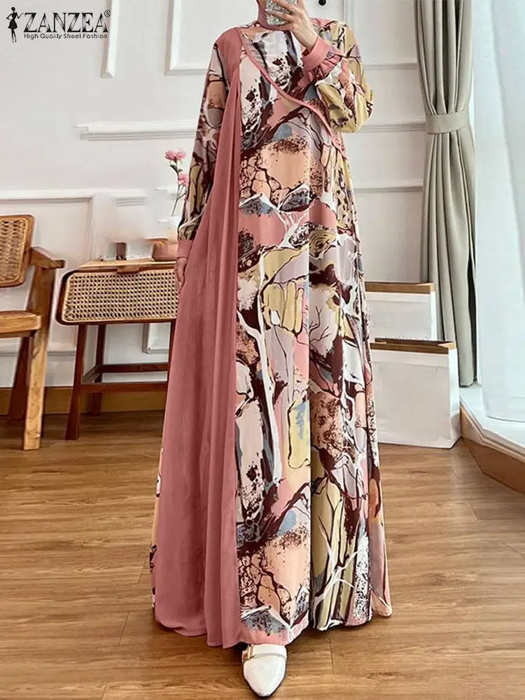 ZANZEA Autumn Fashion Floral Printed Patchwork Maxi Dress Women Elegant Long Sleeve Loose Muslim Abaya Sundress Turkey Vestido