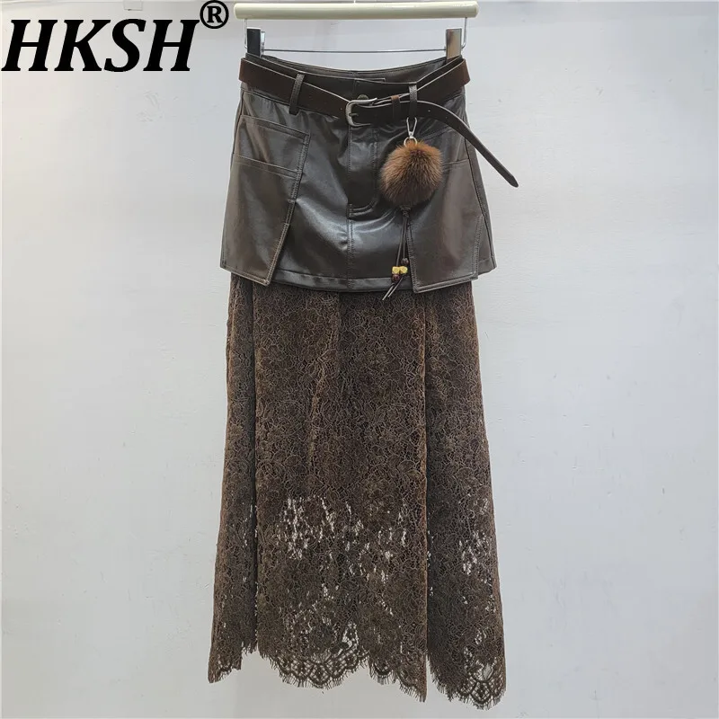 HKSH 2026 Primavera Estate Nuove Donne Gonna di Cuoio DELL'UNITÀ di elaborazione Patchwork di Pizzo Versatile Elegante High-end Retro Moda Casual Gonne HK17174