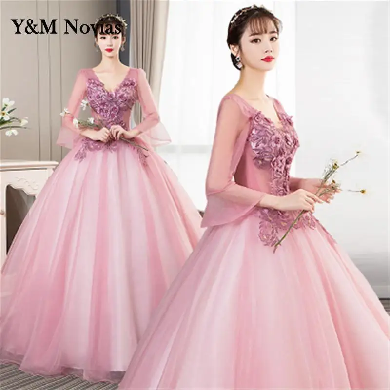 Y&m Novias Custom Neck Long Sleeve Quinceanera 15 Years Vestidos De 15 Anos Mint Wine Red Turquoise Quinceanera Gown For Party