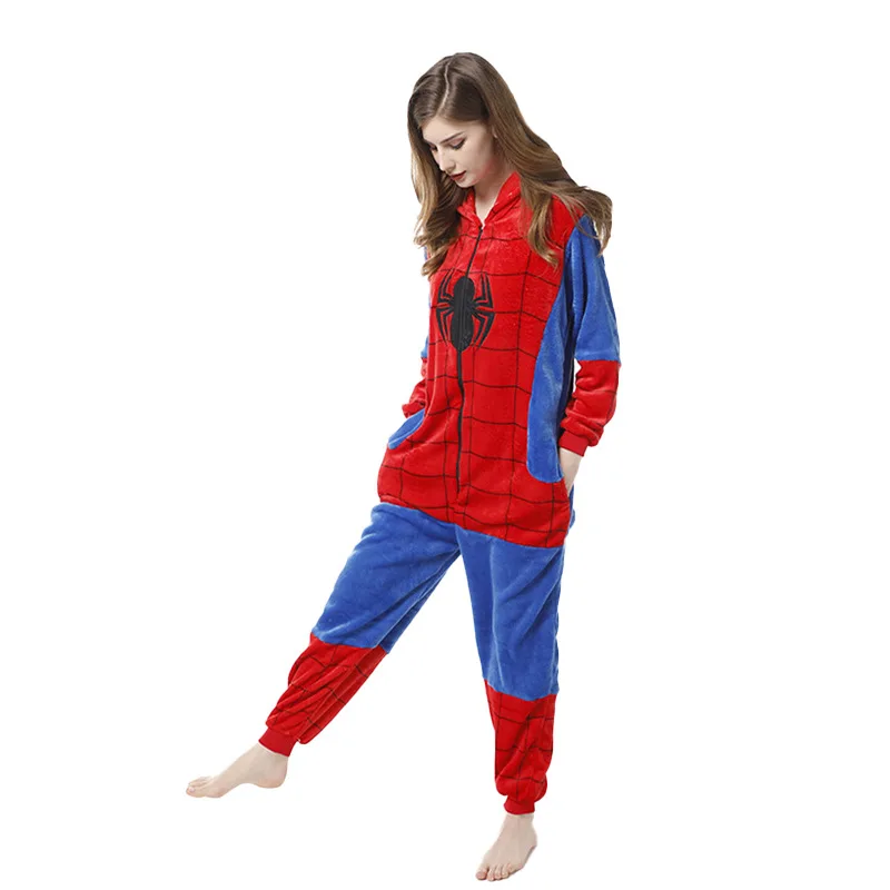 New Flannel Spiderman Pajamas Adult Spider Man Costume Clothes One-piece Nightgown Women\'s Home Hooded Sleepwear Jumpsuit Pijama