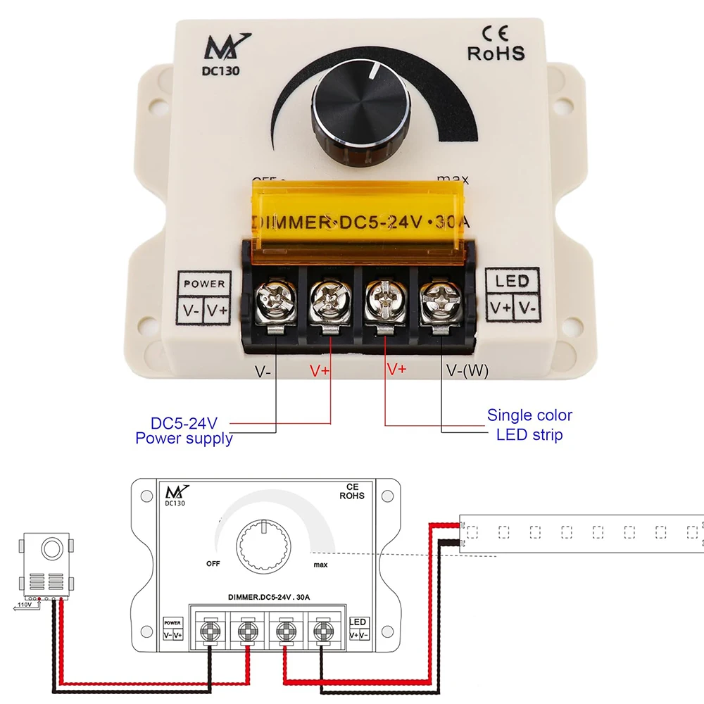 Pokrętło ściemniacza LED i przycisk 3 w 1 DC5V/12V/24V 30A Kontroler ściemniania PWM 3 tryby ściemniania dla jednokolorowej taśmy LED COB 3528 5050