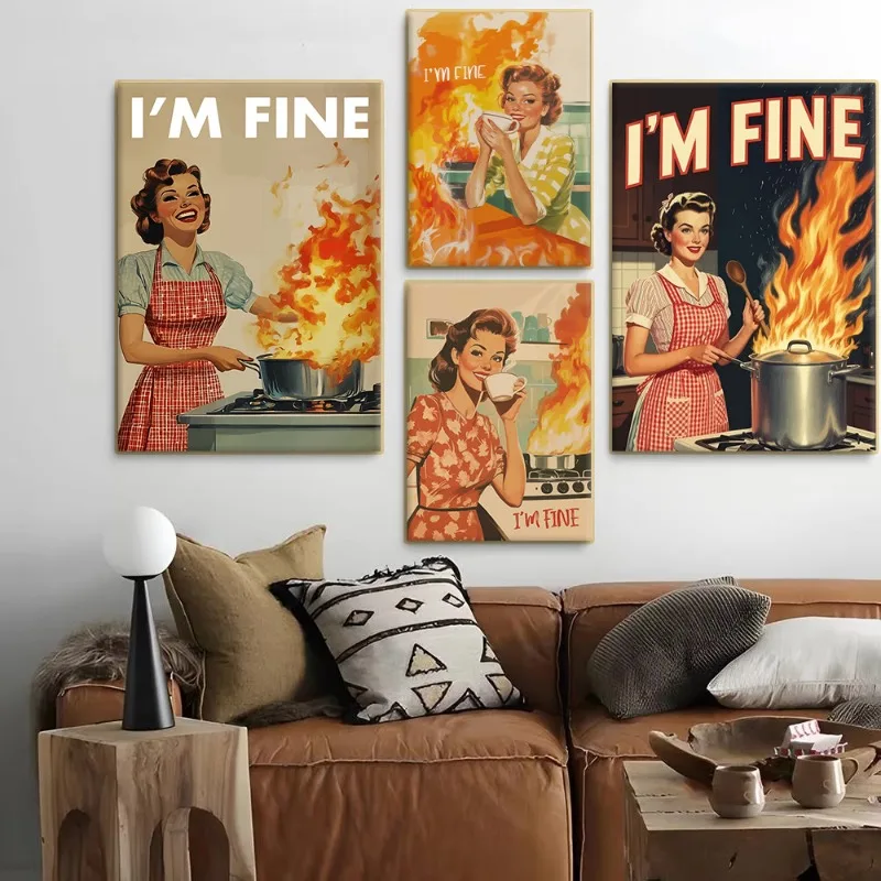 Vintage Woman Cooking Comic Style Illustration Poster 'I'm Fine' Cook Disaster Canvas Painting Wall Art Funny Kitchen Home Decor