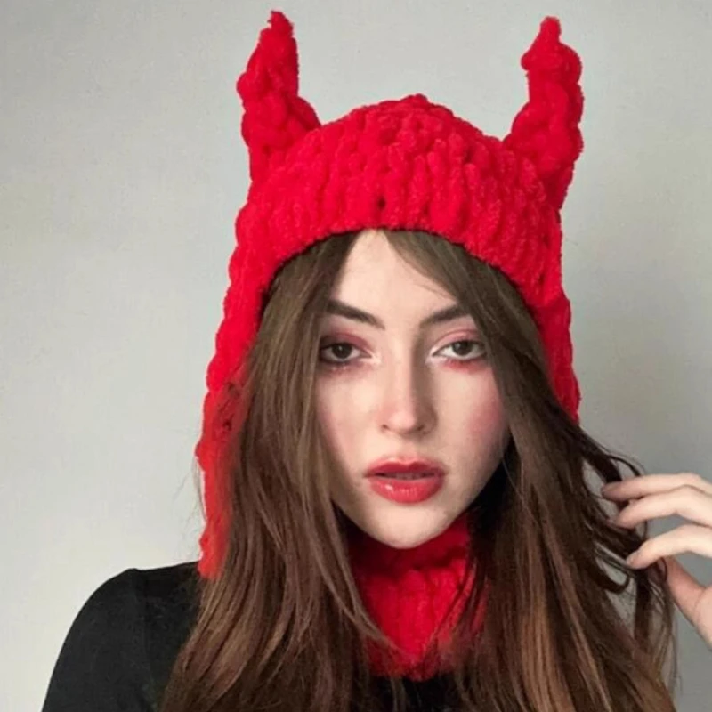 Cute Fun Wool Hat Cute Little Devil Mask Horn Hood Thickened Warm Knitted Hat Neutral Sweet Cool Wind Autumn and Winter
