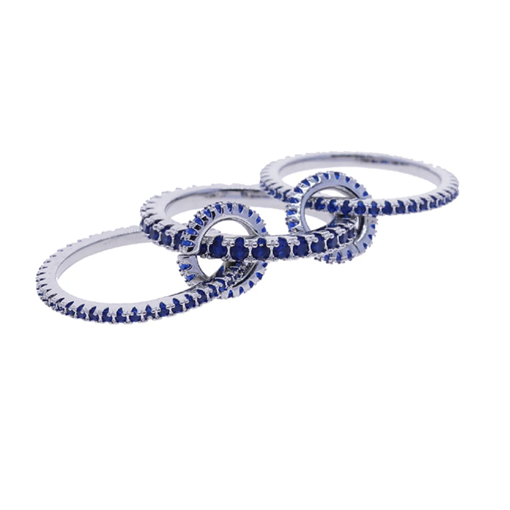 New Three In One Stacking Engagement Band Ring For Women Silver Color Micro Paved Blue CZ Zircon 3 Link Rings Finger Jewelry