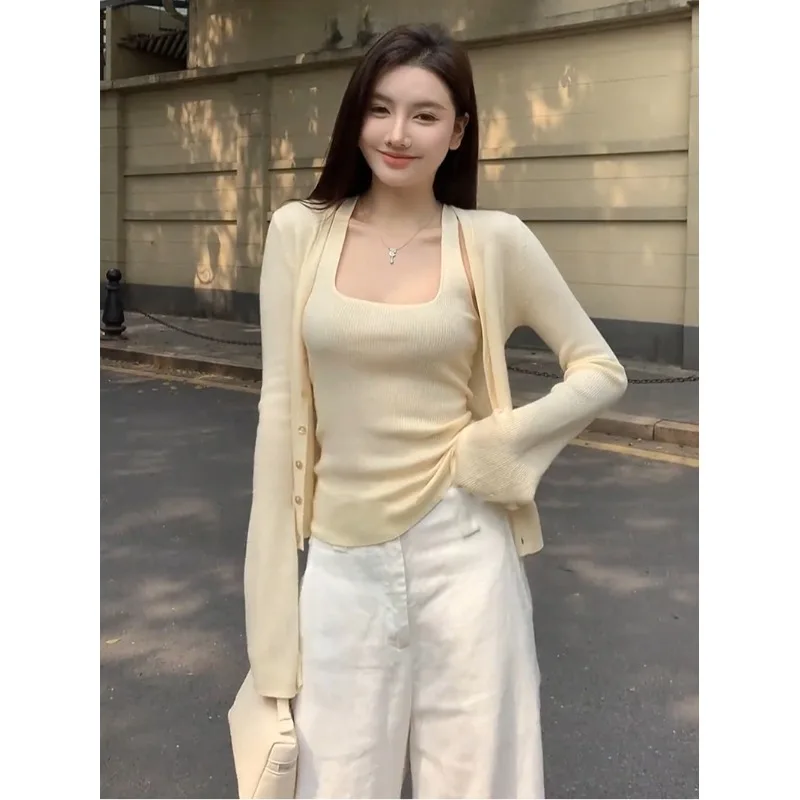 

Sweet Korean Sle Light Yellow Knitted Open Cardigan Women's Early Spring Thin Design Hanging Ne Vest Two-Piece Set