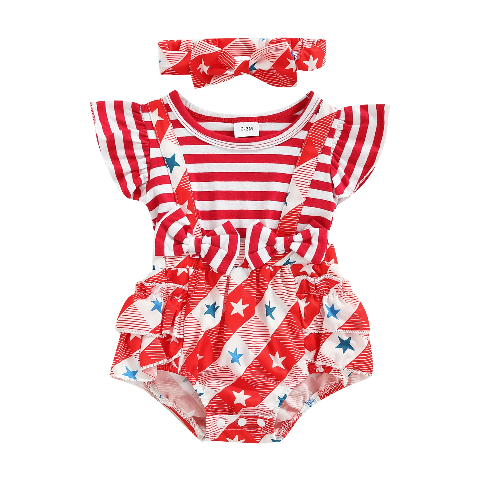 

2022-03-28 Lioraitiin 2Pcs Baby Girls 4th of July Outfit, Striped Star Print Flying Sleeve Layered Romper + Hairband