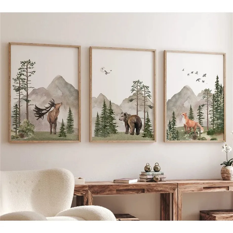 Watercolor Woodland Forest Nursery Mountain and Animals Wall Art Printed Version Canvas Painting Kids Room Home Decor