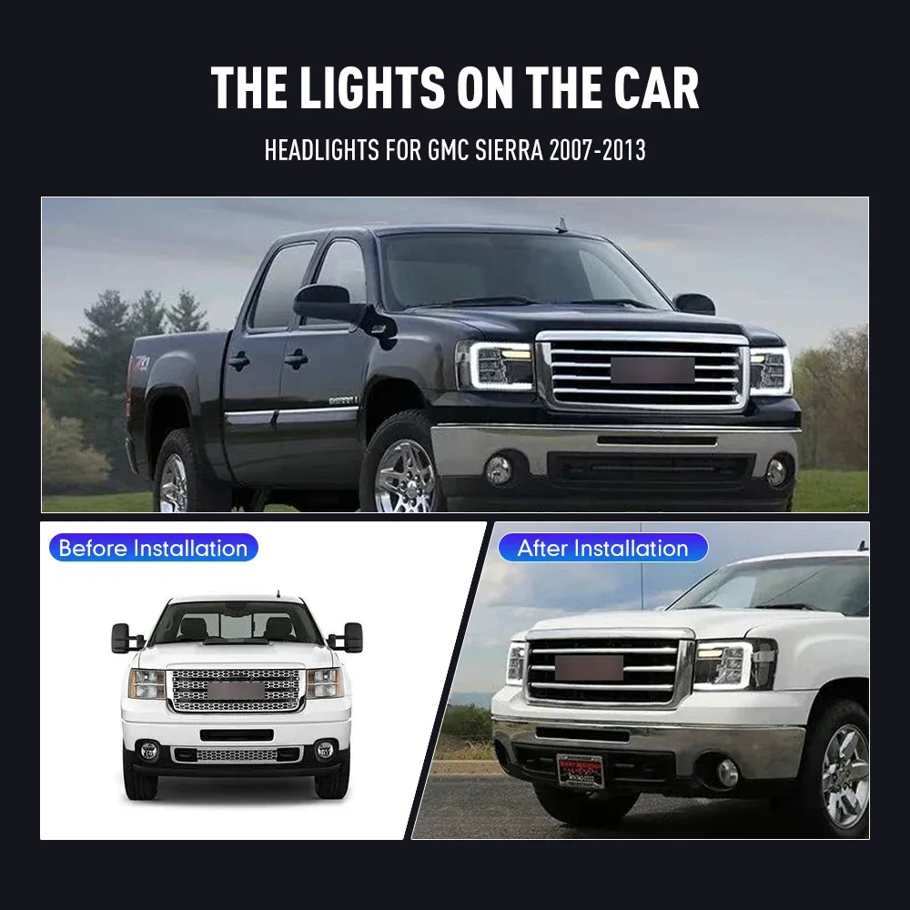 Pair Of LED Car Headlight Assembly For GMC Sierra 2007-2013 Headlights DRL Tuning Signal Plug And Play Front Head Lamp