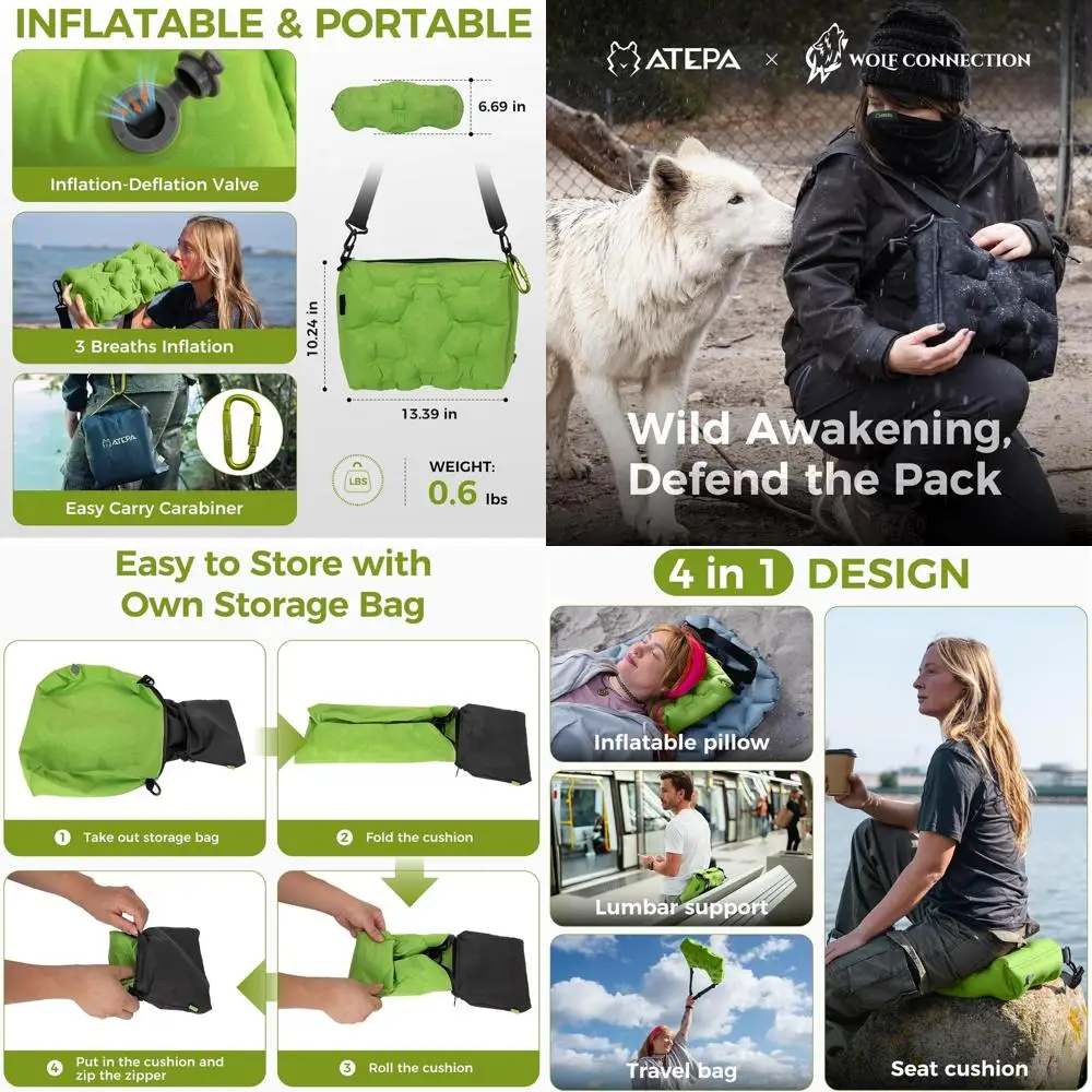 

4-in-1 Travel Seat Cushion, Portable Inflatable Pillow with Back Support, Lightweight Travel Bag, Ideal for Airplanes, Stadiums,