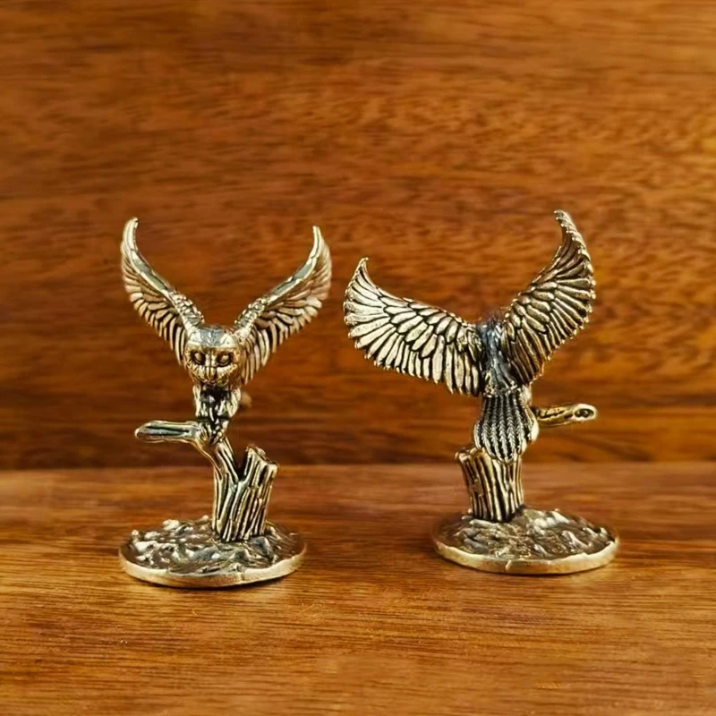 Antique Solid Brass Tree owl Miniature Figurines Retro Copper Animal Tea Pet Desktop Ornament Decor Crafts Animal Figurines