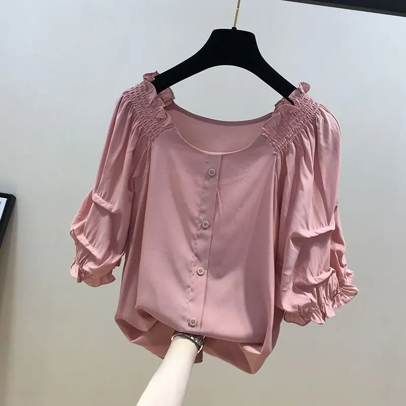 Camisa de gasa de manga corta para mujer, Top rojo con cuello de una línea y hombros descubiertos, Top de temperamento a la moda, novedad de verano