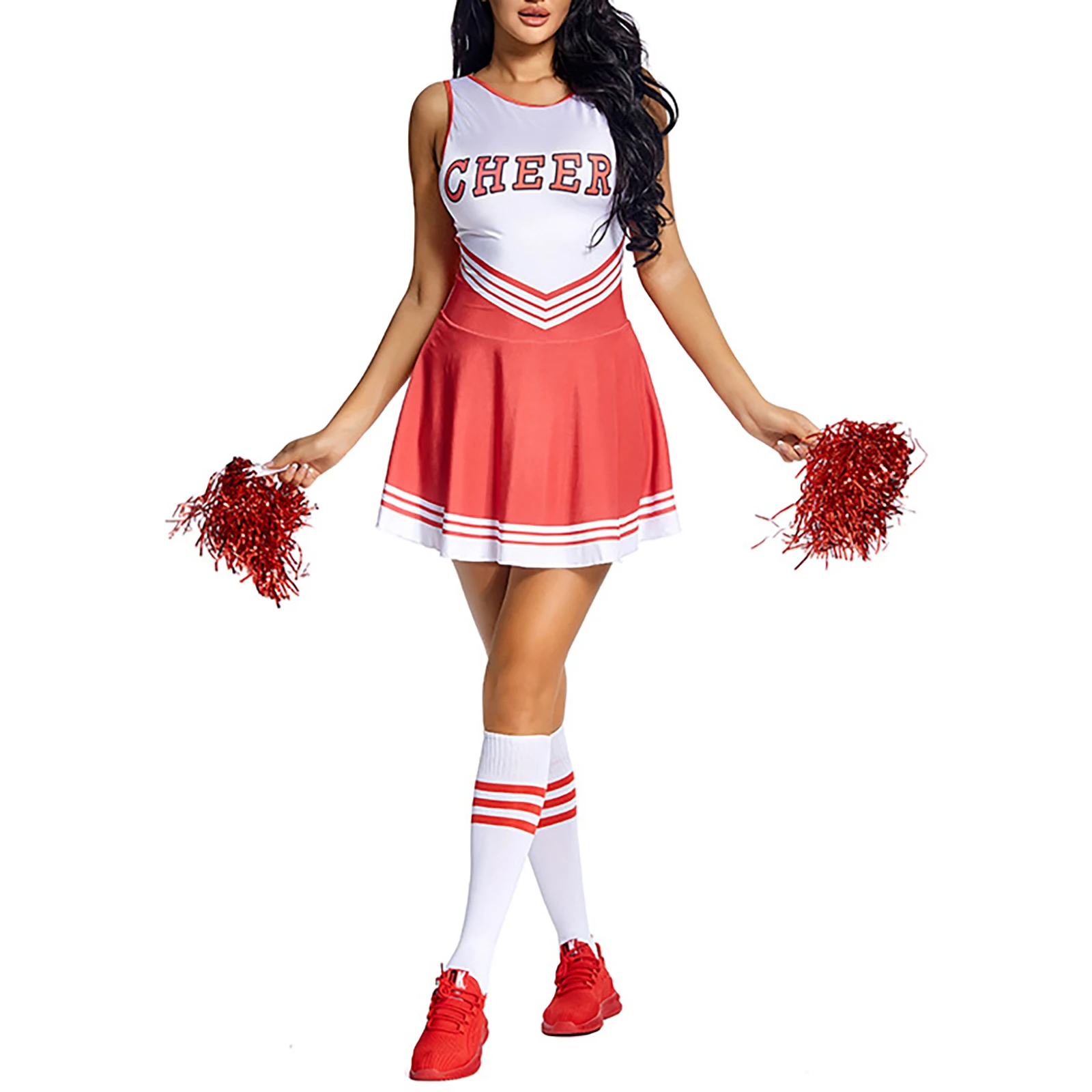 Womens Cheerleading Uniform Dance Costume Schoolgirl Cosplay Outfit Letter Print Sleeveless Dress with Socks Cheering Flower