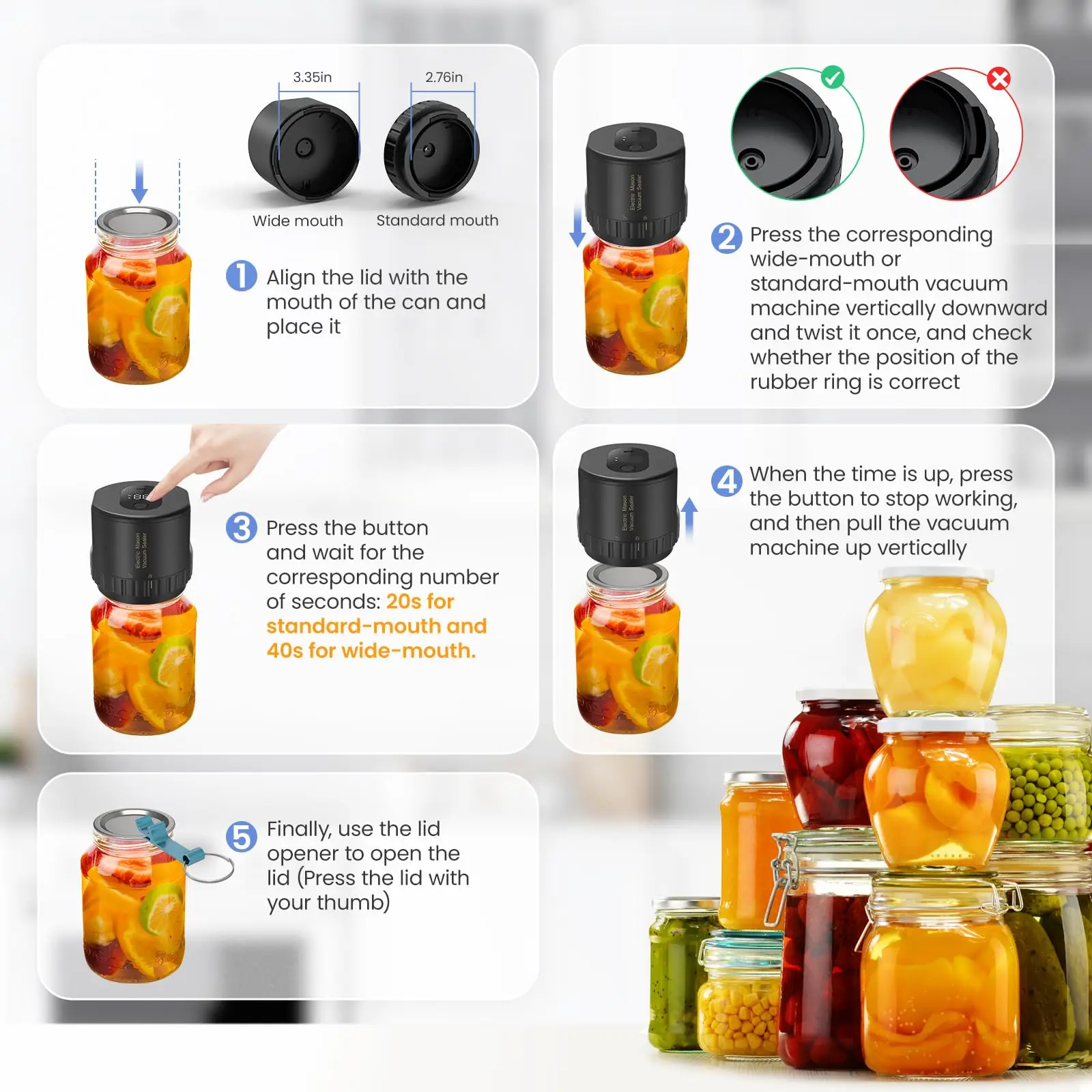 جرة ميسون الكهربائية فراغ السدادة اللاسلكي لتعليب الجرار واسعة ومنتظمة الفم ميسون الأغطية فراغ آلة الختم تخزين المواد الغذائية