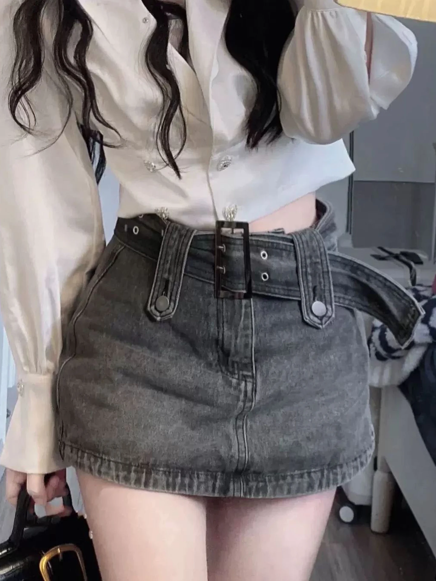 

Новая женская джинсовая юбка А-силуэта с высокой талией и поясом в ретро-американском стиле, укороченная, облегающая, повседневная, сексуальная