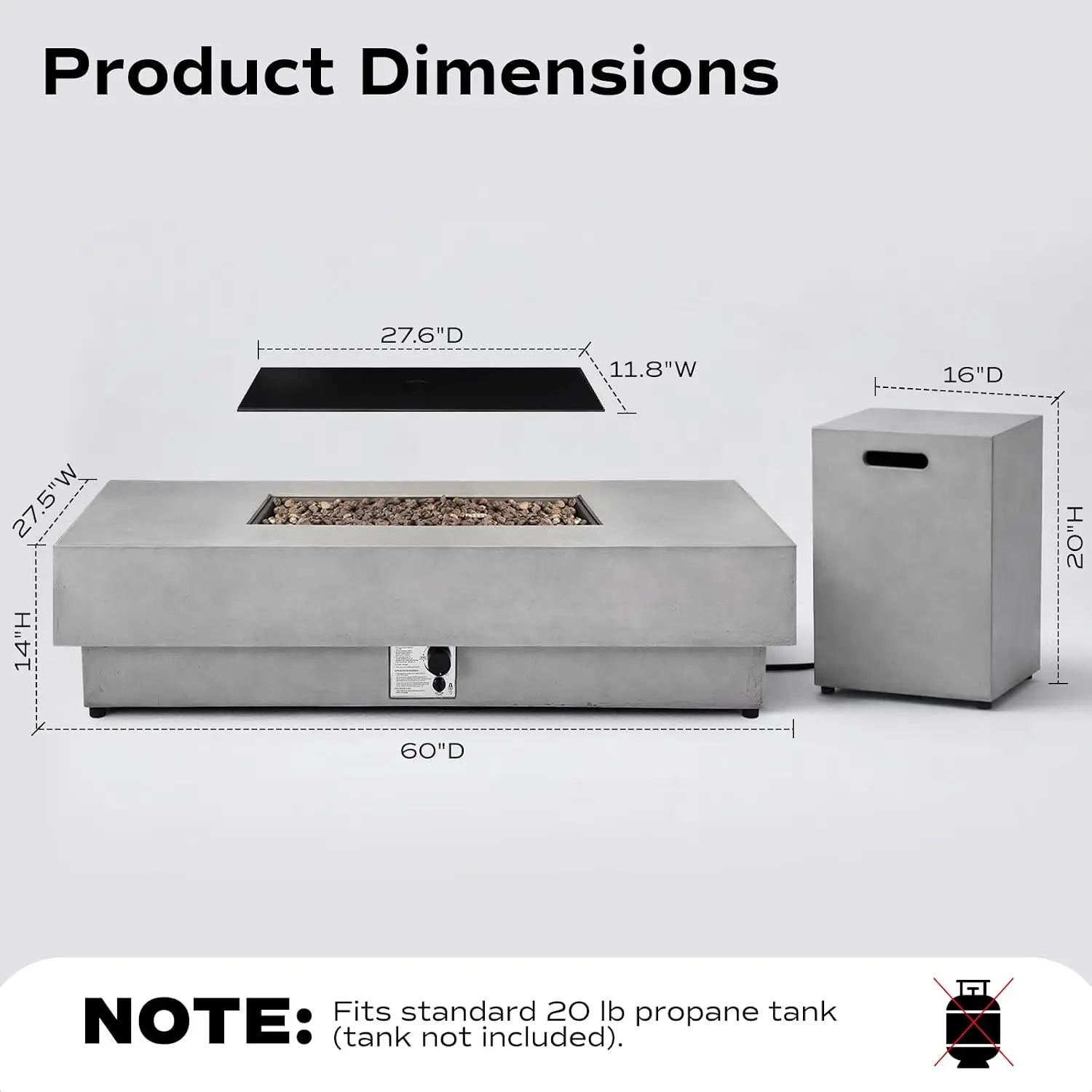 60-inch Outdoor Propane Fire Pit Coffee Table with Tank Cover, 50,000 BTU Concrete Rectangle Modern Outside Fire, Customized