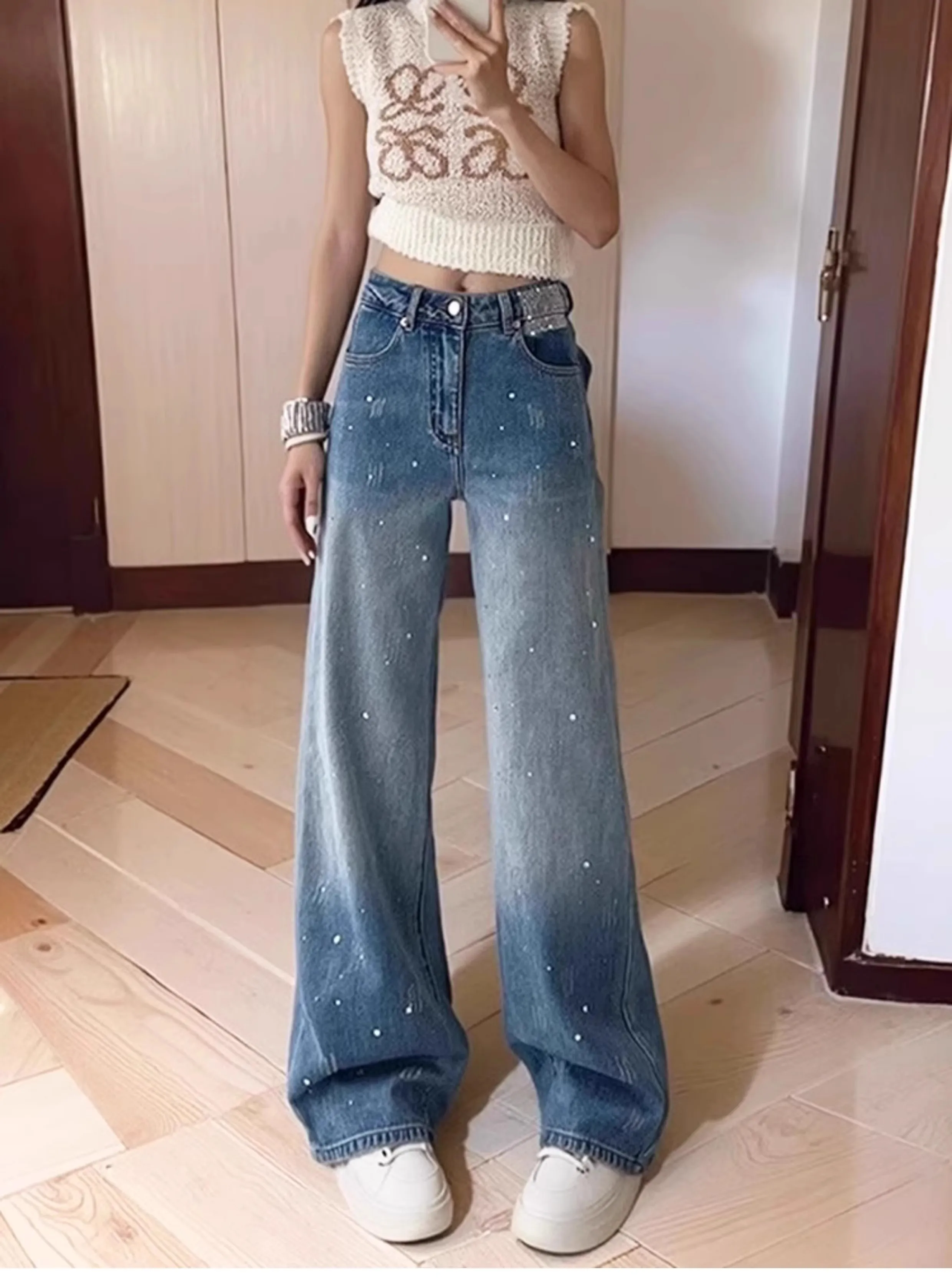 Y2K – jean dégradé à strass pour femmes, jambes larges, taille haute, amincissant, coupe ample, pantalon de sol, nouvelle collection printemps