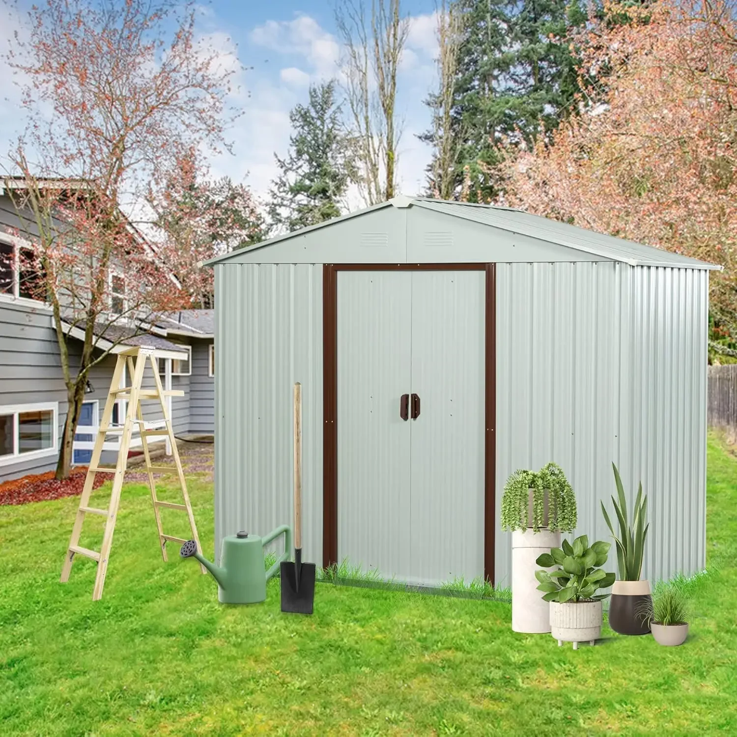 

8x4 FT Outdoor Storage Shed, Metal Utility Tool Shed with Waterproof Sloping Roof, Punched Vents&Sliding Lockable Doors