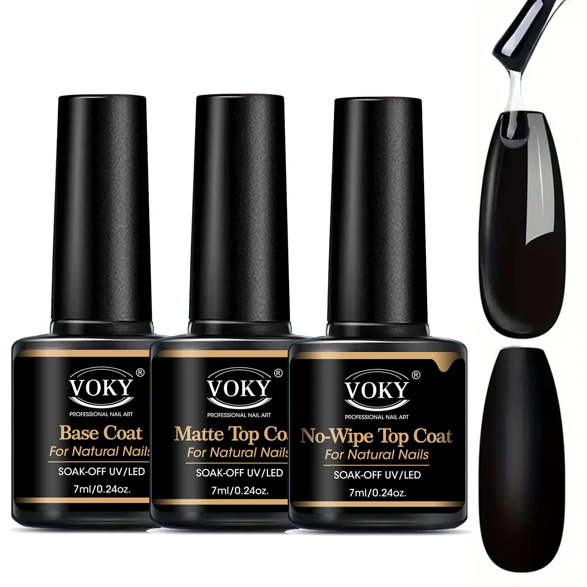 VOKY 0.24온스 닦아내지 않는 탑 코트 및 베이스 탑 코트 및 매트 탑 코트 세트 - 윤기 나는 마감, 오래 지속되는, LED 네일 램프 젤 담그기