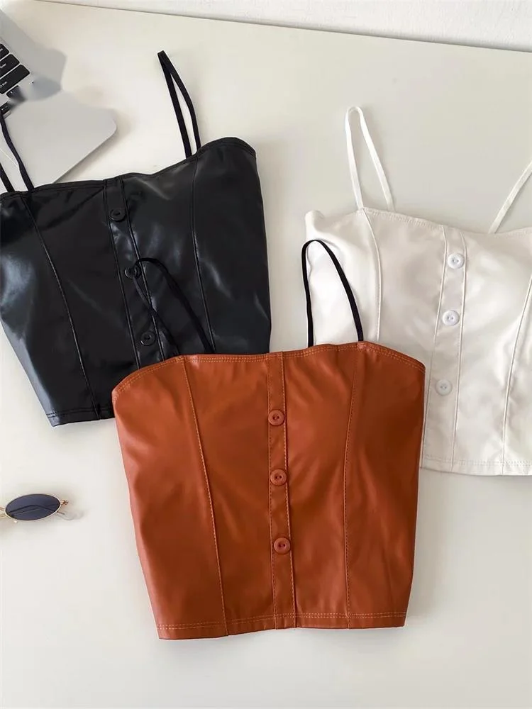 

Женский топ из искусственной кожи для клуба, летний, эластичный, на бретельках, с открытой спиной, на пуговицах, в стиле ретро, сексуальный, кружевной, уличный стиль, майка-камисоль