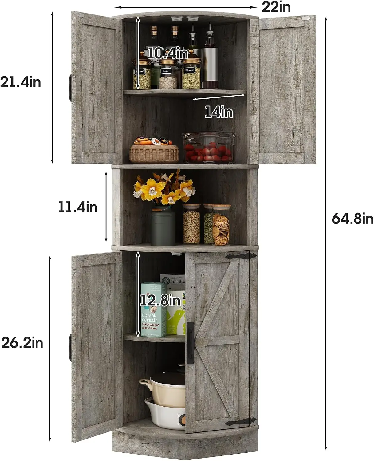 Tall Corner Storage Cabinet Organizer Unit With Barn Doors And Shelves For Living Room Kitchen Laundry Room Bathroom, Space Saving Wooden Display Cupboard, Farmhouse Style, Grey