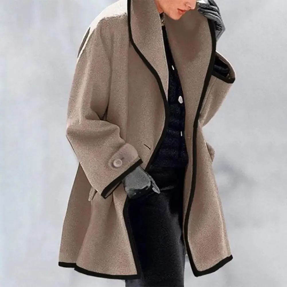 

Women Hooded Woolen Coat Fall Winter Jacket Loose Color Matching Lapel Contrast Color Mid Length Cardigan Thick Warm Lady Coat