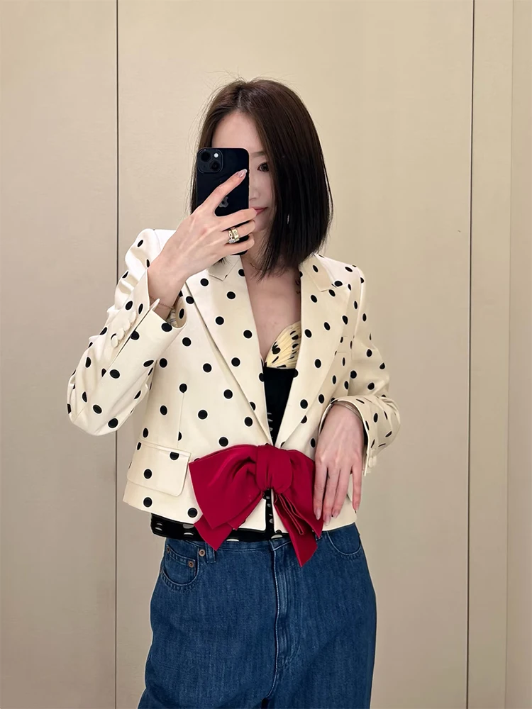 Retro Polka Dot Short Suit Jacket Women's Autumn High-End Lightweight Elegant Fashionable  Knot Versatile Top