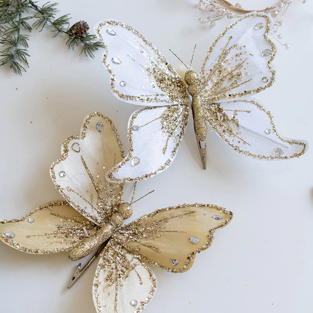 1pc Christmas Butterflies With Clip Xmas Tree Ornaments Glitter Artificial Flower DIY Crafts Christmas Tree Decor 21 X 25cm