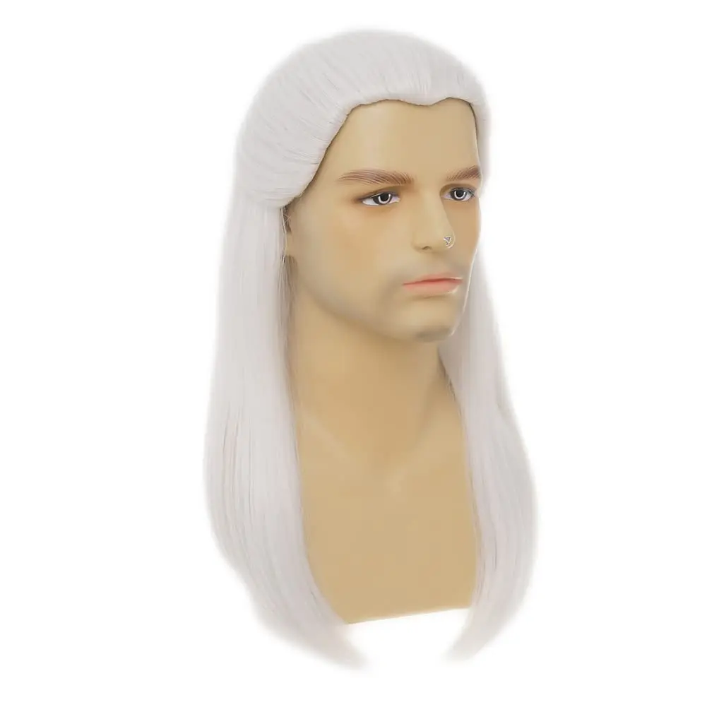 Peluca de Cosplay de Geralt of Rivia, pelucas de pelo sintético liso blanco plateado para hombres, disfraz de juego novedoso para fiesta y Halloween
