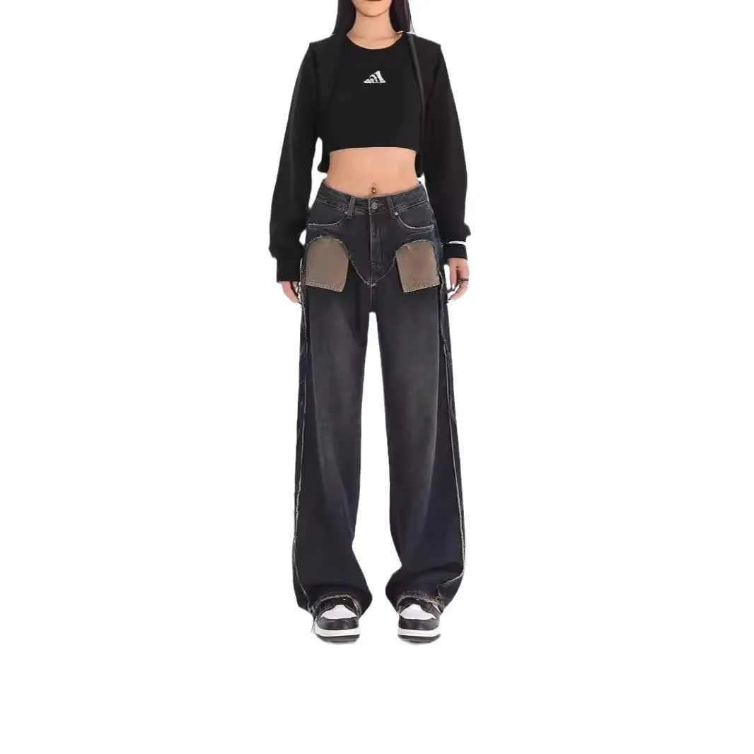 Niszowe Jeansy Kontrastowe Amerykańska High Street Niebieskie Surowe Wykończenie Szczotkowane Szerokie Nogawki Moda Jesień Zima 2025 Nowa Kolekcja