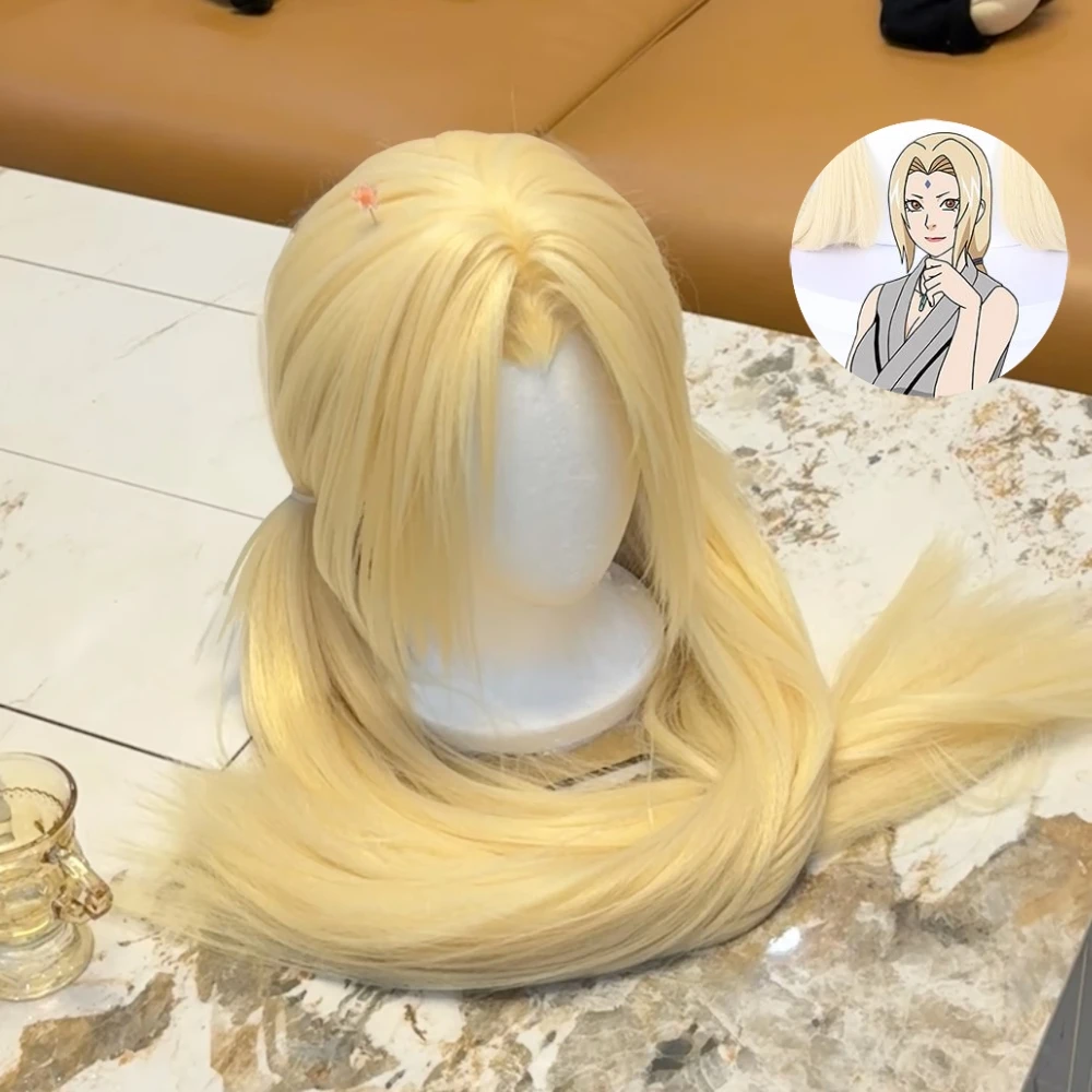 Tsunade Anime Cosplay Wig Beige Long Hair With Double Ponytails Rose Net Heat Resistant Synthetic Fiber Halloween Costume Wig