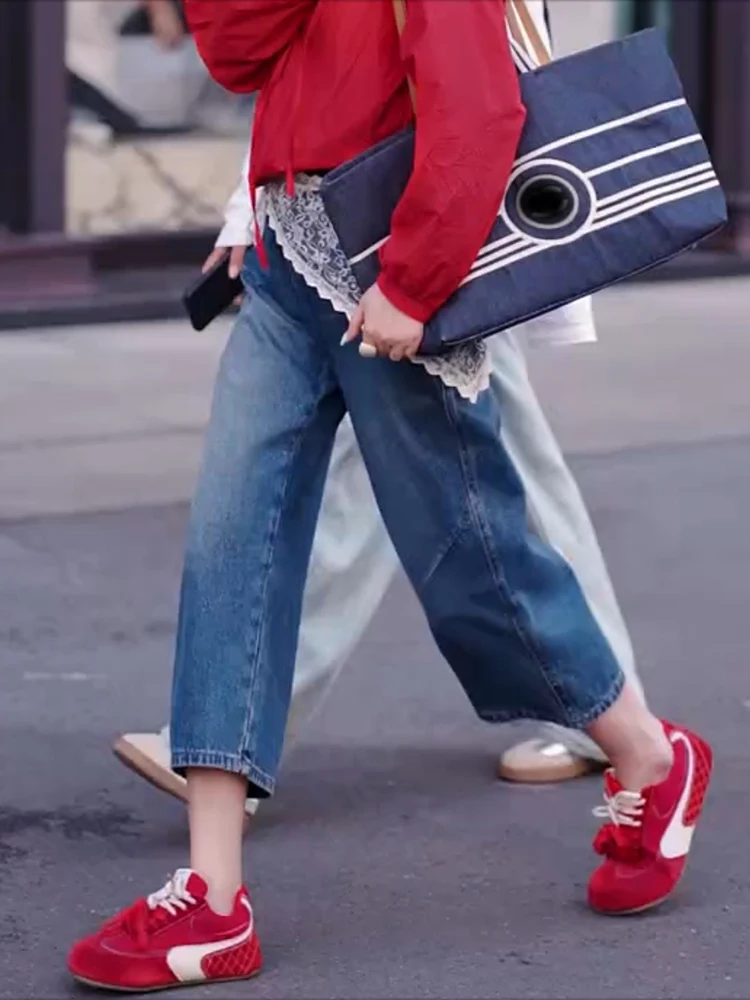 جينز دينم رفيع وفضفاض عالي الخصر، جينز أمريكي مستقيم الساق للنساء، سروال صيفي مقاوم للارتداء بأرجل واسعة