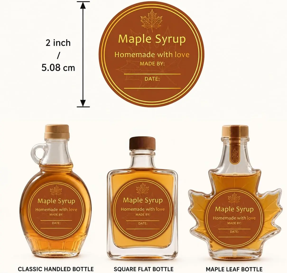 120 Homemade Maple Syrup Labels, 2 Inch Round Maple Leaf Stickers Gold Vinyl Bottle and Jar Labels for Canning, Farm Market